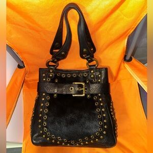 Isabella Fiore Black Leather With Pony Hair Bag with Gold Accents